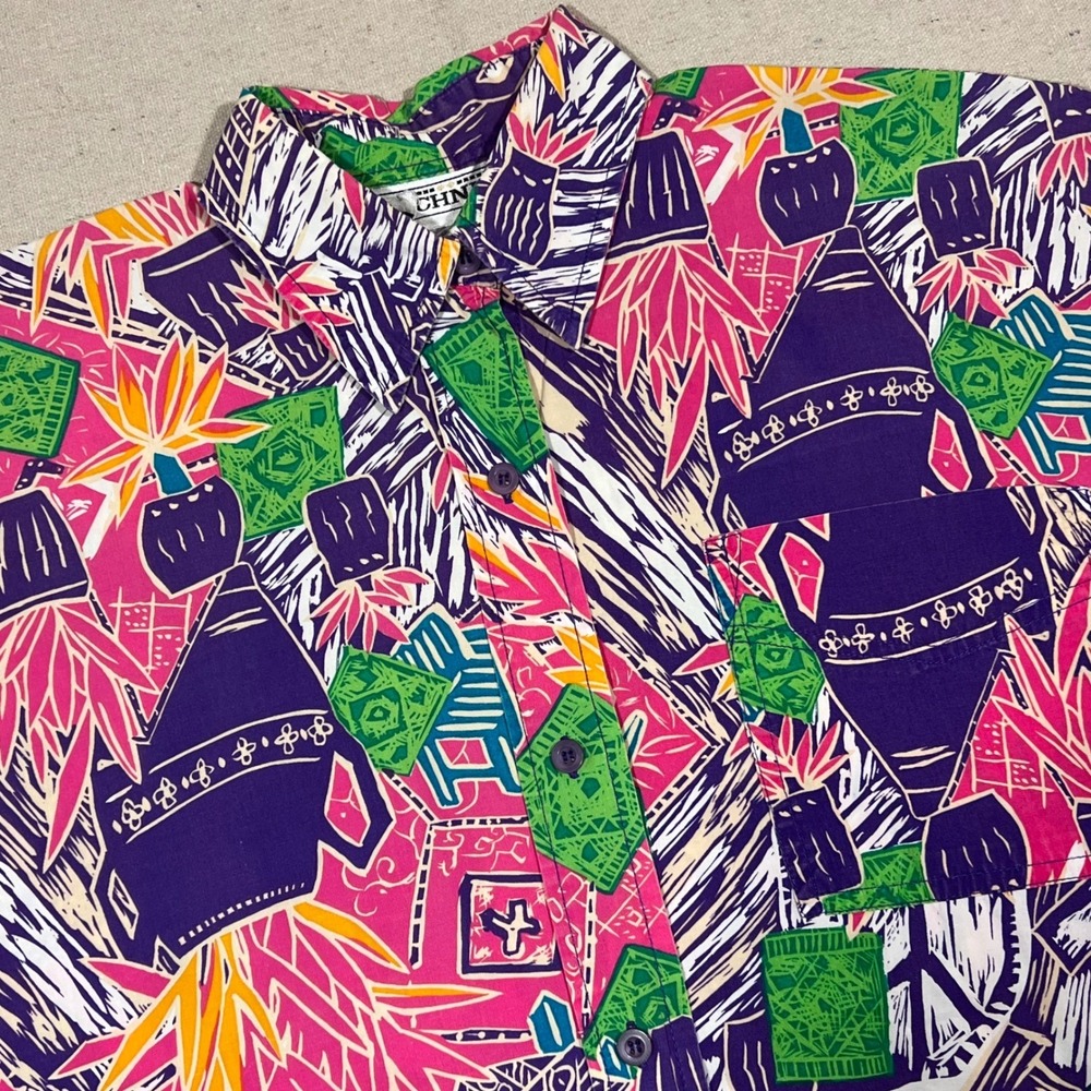 Technics Womens 90s Abstract Graphic Print Cotton Button Down Shirt Purple Med